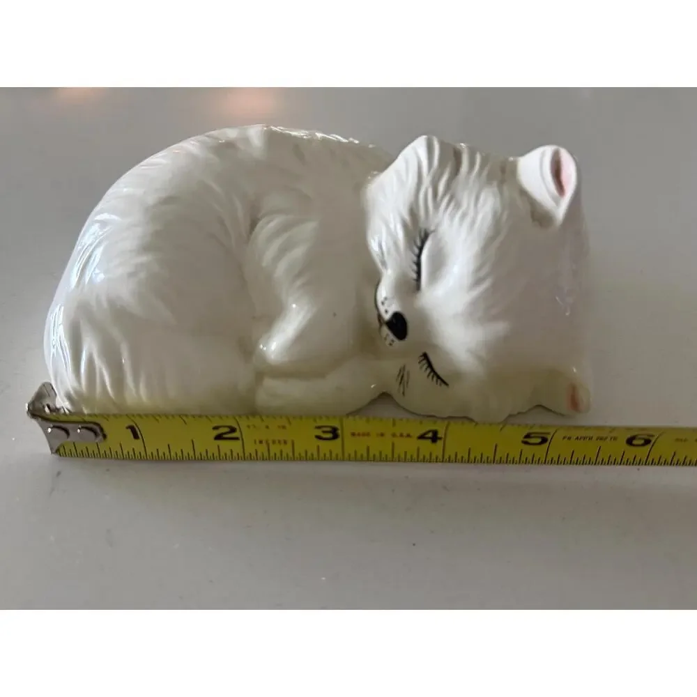 Vintage White Ceramic Sleeping Persian Cat Figurine Cottagecore Kitsch Decor